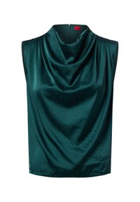Top sans manches en satin vert foncé avec un décolleté drapé, orné de petits embellissements en points argentés pour ajouter de la texture et de l'intérêt. Fermeture éclair au dos.