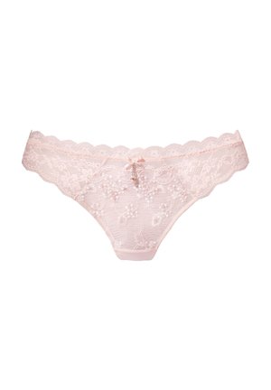 Spitzen-String in Hellrosa mit Blumenstickerei, gezackten Rändern, vorderer Schleifendetail und Satinbund. Weiche, transparente Textur.