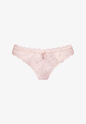 Spitzen-String in Hellrosa mit Blumenstickerei, gezackten Rändern, vorderer Schleifendetail und Satinbund. Weiche, transparente Textur.