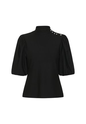 Top nero con maniche a sbuffo e colletto alto. Presenta bottoni decorativi sulla spalla. Tessuto morbido e leggermente texturizzato, corpetto aderente.