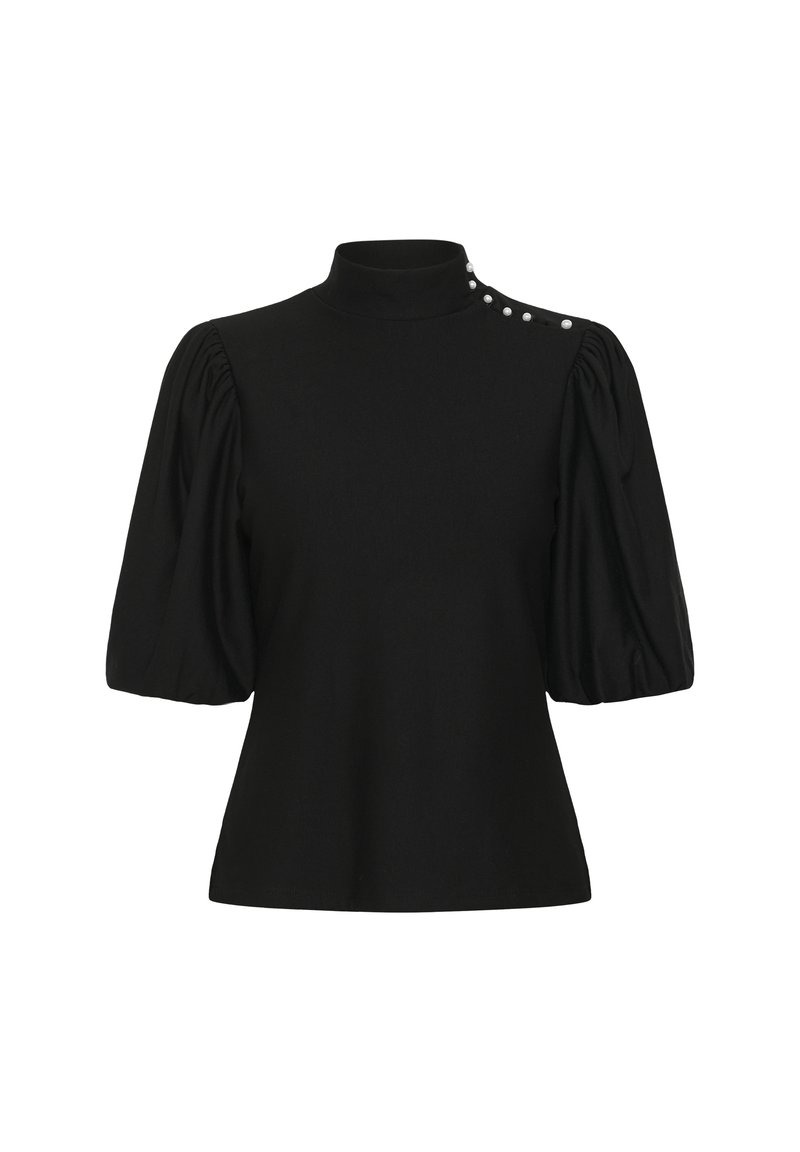 Top negro de manga abullonada con cuello alto. Cuenta con botones decorativos en el hombro. Tela suave y ligeramente texturizada, cuerpo ajustado.