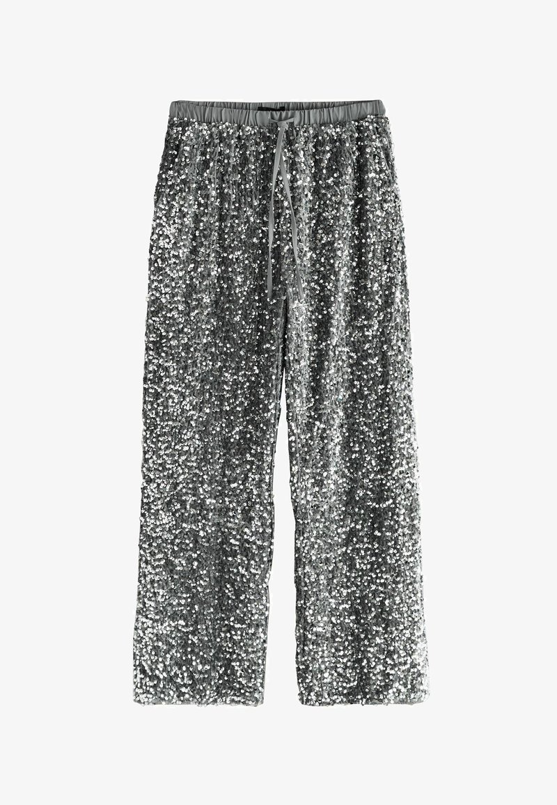 Srebrne spodnie z cekinami z elastycznym paskiem, regulowanym sznurkiem, luźnym krojem i szerokimi nogawkami, charakteryzujące się teksturowaną, odbijającą powierzchnią.