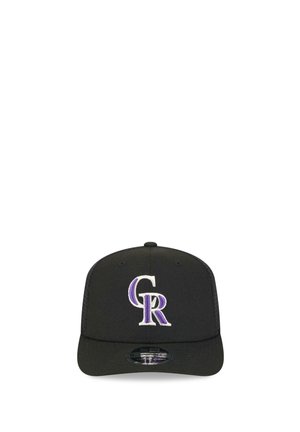 Black baseball cap with purple and white "CR" logo embroidered on front center, with a flat brim and mesh back.