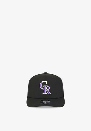 Black baseball cap with purple and white "CR" logo embroidered on front center, with a flat brim and mesh back.