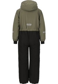 Overall isolato verde oliva e nero con cappuccio, vita elastica e riflessi sulle maniche per visibilità e calore.