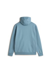 Mikina s kapucí v světle modré barvě, s jemnou texturou, dlouhými rukávy a žebrovaným lemem. Jednoduchý, minimalistický design bez ozdob.