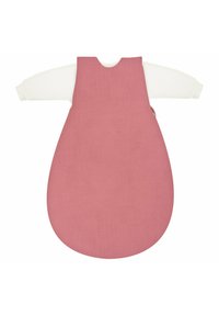 Pink fabric sleep sack with a round, oversized shape and long white sleeves, featuring a simple design and smooth texture.