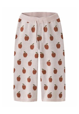 Pantalon large beige en maille avec taille à cordon et motif global de pommes rouges avec des feuilles vertes.