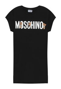 Černé bavlněné tričko s výrazným bílým nápisem "MOSCHINO" a dvěma akcenty s kreslenými medvědy, krátké rukávy a postranní rozparky na lemování.