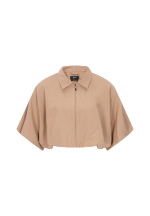 Béžová kratší bunda se širokými krátkými rukávy, předním zipem a špičatým límcem, zobrazena na bílém pozadí.