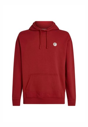 Pehmeast kangast punane kapuutsiga dressipluus, millel on ees kängurutasku, nööriga kapuuts ja vasakul rinnal ümmargune logomärk.