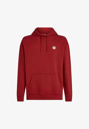 Pehmeast kangast punane kapuutsiga dressipluus, millel on ees kängurutasku, nööriga kapuuts ja vasakul rinnal ümmargune logomärk.