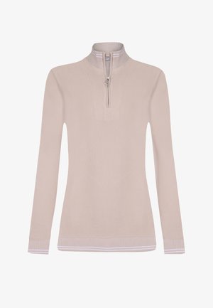 Beżowa bluzka z długim rękawem i zamkiem przy szyi, z prążkowanymi mankietami, o fakturowanym wzorze i półzamkiem przy kołnierzu. Prosta i neutralna paleta kolorów.