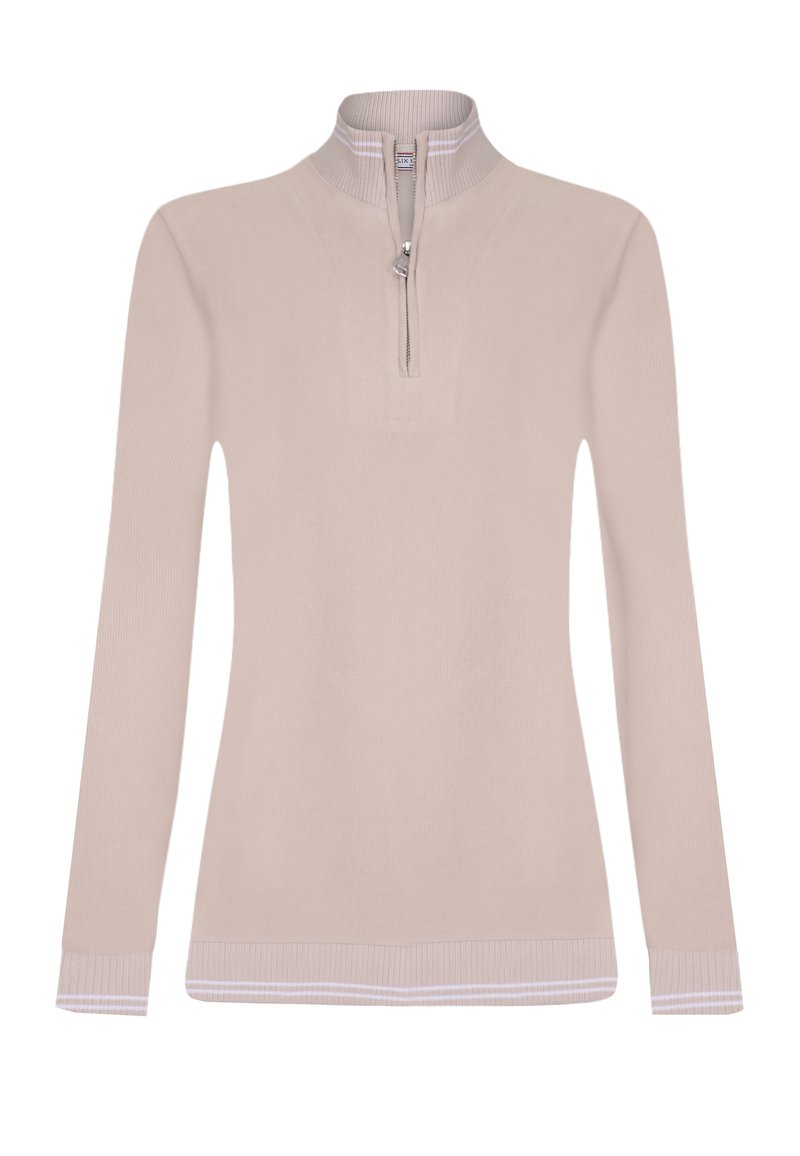 Beige langärmeliges Oberteil mit Reißverschluss am Kragen und gerippten Bündchen, mit strukturiertem Design und halb offenem Reißverschluss am Kragen. Einfache und neutrale Farbpalette.