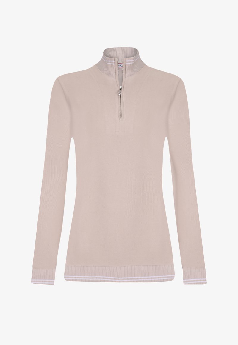 Beige langärmeliges Oberteil mit Reißverschluss am Kragen und gerippten Bündchen, mit strukturiertem Design und halb offenem Reißverschluss am Kragen. Einfache und neutrale Farbpalette.