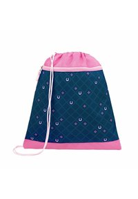 Drawstring bag with a navy blue patterned body featuring diamond shapes, pink accents at the top and bottom, and decorative horseshoe motifs.