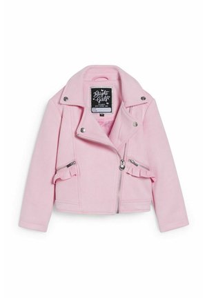 Lyserød pigejakke med sølv lynlås og trykknapper, flæsedetaljer på lommerne og krave, mærket "Bright Girls".
