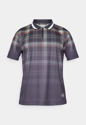 Kortærmet polo shirt i mørke nuancer med ternet mønster. Har en lynlås krave og kontrasterende hvid kant. Fremstillet af åndbart stof.