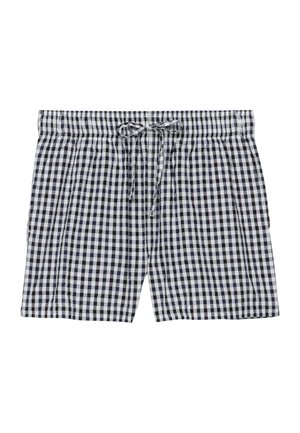 Sort-hvide ternede shorts med elastisk talje og snøre foran, lagt fladt uden synlige personer.