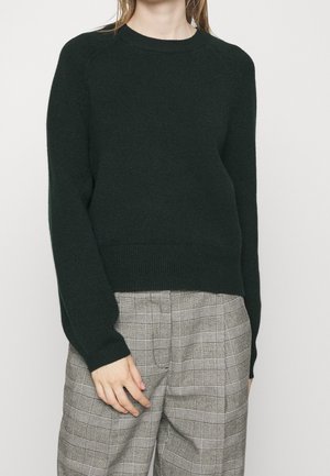 Kobieta w ciemnozielonym swetrze z okrągłym dekoltem oraz szarych, wysokich w talii spodniach w kratę, stojąca na jednolitym białym tle.