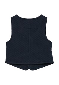 Marineblau gesteppte Weste, ärmellos mit rundem Ausschnitt. Verfügt über eine Vordernaht und einen geschwungenen Saum, hergestellt aus strukturiertem Stoff.