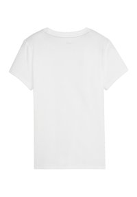 Weißes Baumwoll-T-Shirt mit kurzen Ärmeln, Rundhalsausschnitt und glatter Textur. Keine Muster oder Verzierungen; einfaches und einfarbiges Design.