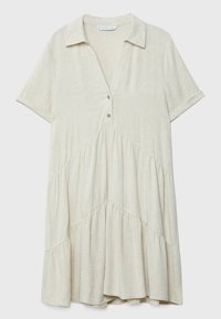 Robe beige clair à manches courtes avec col, encolure en V, deux boutons, jupe à volants froncée et manches retroussées.