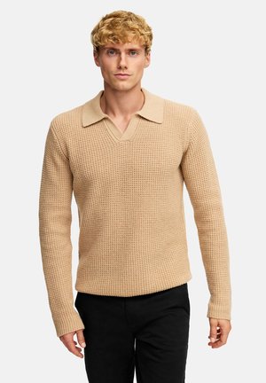 Beiger Strickpullover mit strukturiertem Muster, V-Ausschnitt und kontrastierendem Kragendesign. Lange Ärmel und lockere Passform.