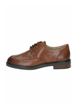 Chaussure habillée en cuir marron avec un bout rond, un laçage, des détails de couture subtils et une semelle en caoutchouc noire.