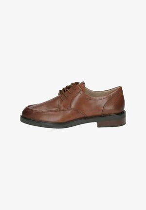 Chaussure habillée en cuir marron avec un bout rond, un laçage, des détails de couture subtils et une semelle en caoutchouc noire.
