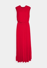 Czerwona maxi sukienka z okrągłym dekoltem, bez rękawów, elastycznym pasem i zwiewnym dołem. Wykonana z lekkiego, miękkiego materiału.