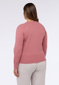 Helles rosa Sweatshirt aus weichem Strickstoff, mit Rundhalsausschnitt und Rippensaum. Die Rückseite ist schlicht und unaufgeregt.