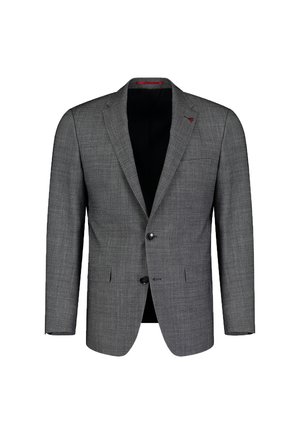 Men's gray blazer made of textured fabric, featuring a notched collar, two buttons, and front pockets. Interior lined in black.