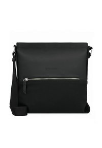 Melna kurjera soma ar gludu, matētu virsmu, taisnstūra formu, augšējo rāvējslēdzēja aizdari un ārējo rāvējslēdzēja kabatu; regulējams siksnas garums.