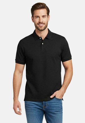 Zwarte poloshirt van gladde stof, met een kraag en drie knopen bij de hals. Korte mouwen en een aansluitend design. Casual stijl.