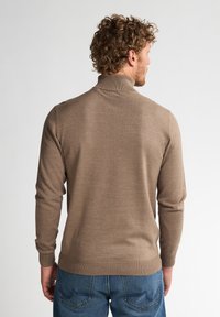 Pull à col roulé marron en maille douce. Il possède des manches longues et un ourlet côtelé, porté avec un jean en denim bleu.