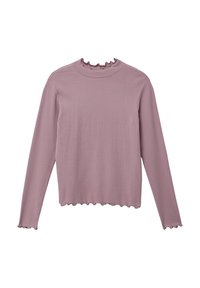 Prążkowany top z długim rękawem w miękkim kolorze mauve, z falbankowym dekoltem i falistym dołem, wykonany z teksturowanej tkaniny.