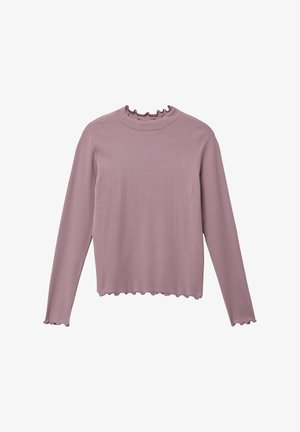 Prążkowany top z długim rękawem w miękkim kolorze mauve, z falbankowym dekoltem i falistym dołem, wykonany z teksturowanej tkaniny.