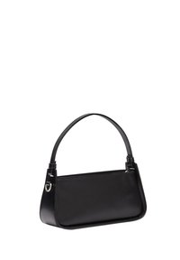 Black leather handbag with a structured, rectangular shape. Features a short, smooth handle and silver hardware accent. Minimalist design.