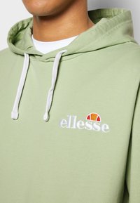 Felpa verde chiaro con cappuccio e cordini, caratterizzata da un logo "ellesse" bianco e un accento rosso-arancio. Tessuto morbido con una vestibilità casual.