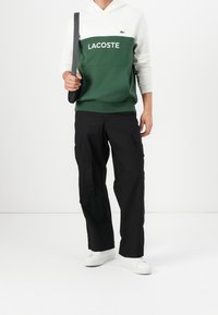 Felpa con cappuccio con parte superiore bianca e inferiore verde, con la scritta "LACOSTE" in bianco. Abbinata a pantaloni cargo neri e sneakers bianche.