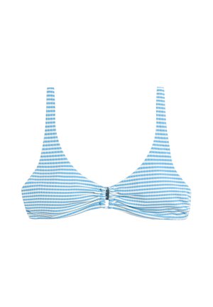 Haut de bikini à rayures horizontales bleues et blanches avec des bretelles fines et un petit détail froncé avec lien au centre.