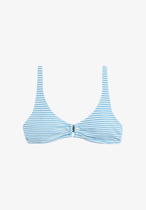 Haut de bikini à rayures horizontales bleues et blanches avec des bretelles fines et un petit détail froncé avec lien au centre.