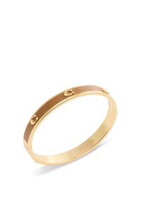 Gold-toned bangle bracelet featuring a smooth brown enamel inlay and three raised accents, with a sleek, minimalistic design.