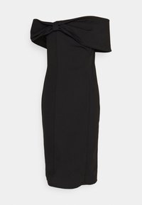 Robe midi noire épaules dénudées avec un grand nœud plié sur la poitrine et un décolleté asymétrique.