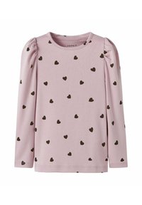 Langärmliges, rosa Oberteil aus weichem Stoff mit einem Muster aus kleinen schwarzen Herzen. Puffärmel und runder Halsausschnitt.