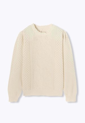 Pull ras du cou en beige clair, présentant un tricot texturé avec des motifs en diamants et floraux, des manches bouffantes, ainsi que des bords et un ourlet côtelés.