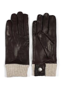 Brown leather gloves with five fingers, featuring a knitted beige cuff and a metal button detail at the wrist. Smooth texture overall.