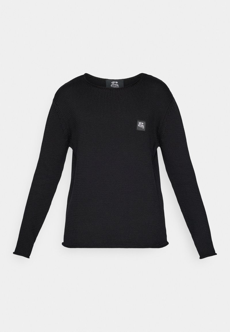 Black knitted long-sleeve sweater with round neckline and small rectangular logo patch on the left chest.