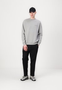 Gray sweatshirt with crew neck, ribbed cuffs, and small black text logo; paired with black tapered pants and gray athletic shoes.
